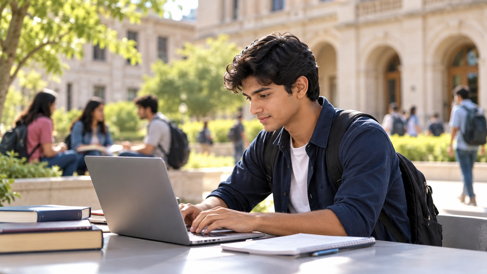Focused Student in a Sunny Campus Courtyard