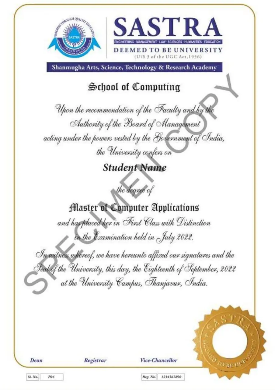 SASTRA University Sample degree certificate